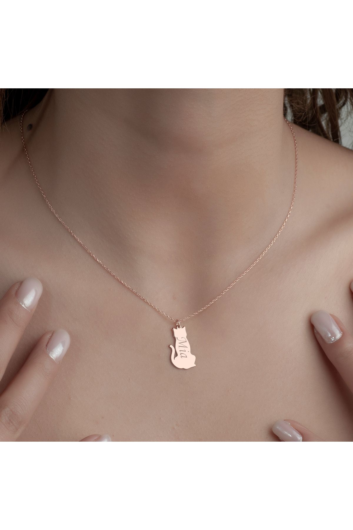 DIZY SILVER Ki̇şi̇ye Özel Kedi̇ Fi̇gürlü Kolye, 22k Rose Gold Kaplama, 925 Ayar Gümüş, İsi̇m Yazili Tasarim