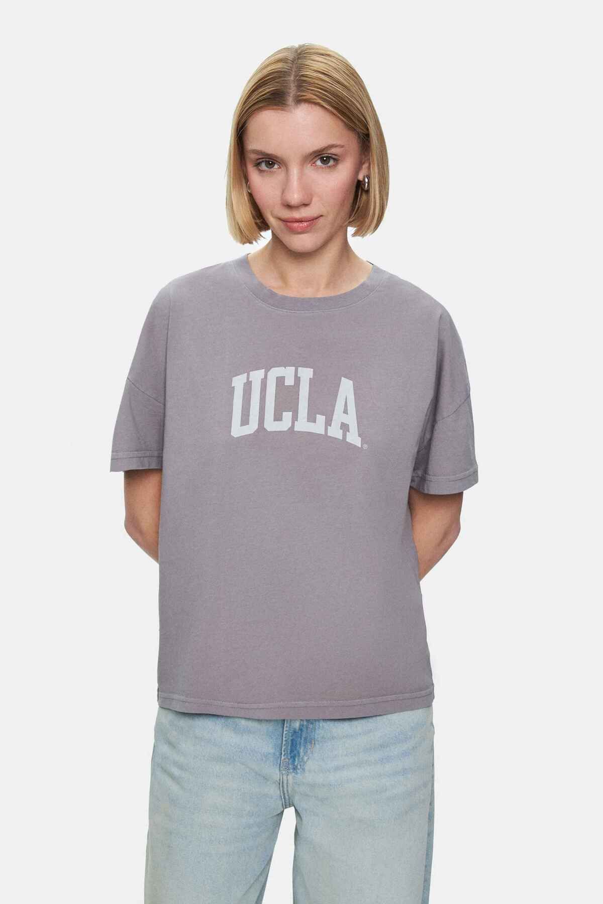 UCLA EVERLEE Koyu Gri Bisiklet Yaka Taş Yıkama Baskılı Loose Fit Kadın Tshirt