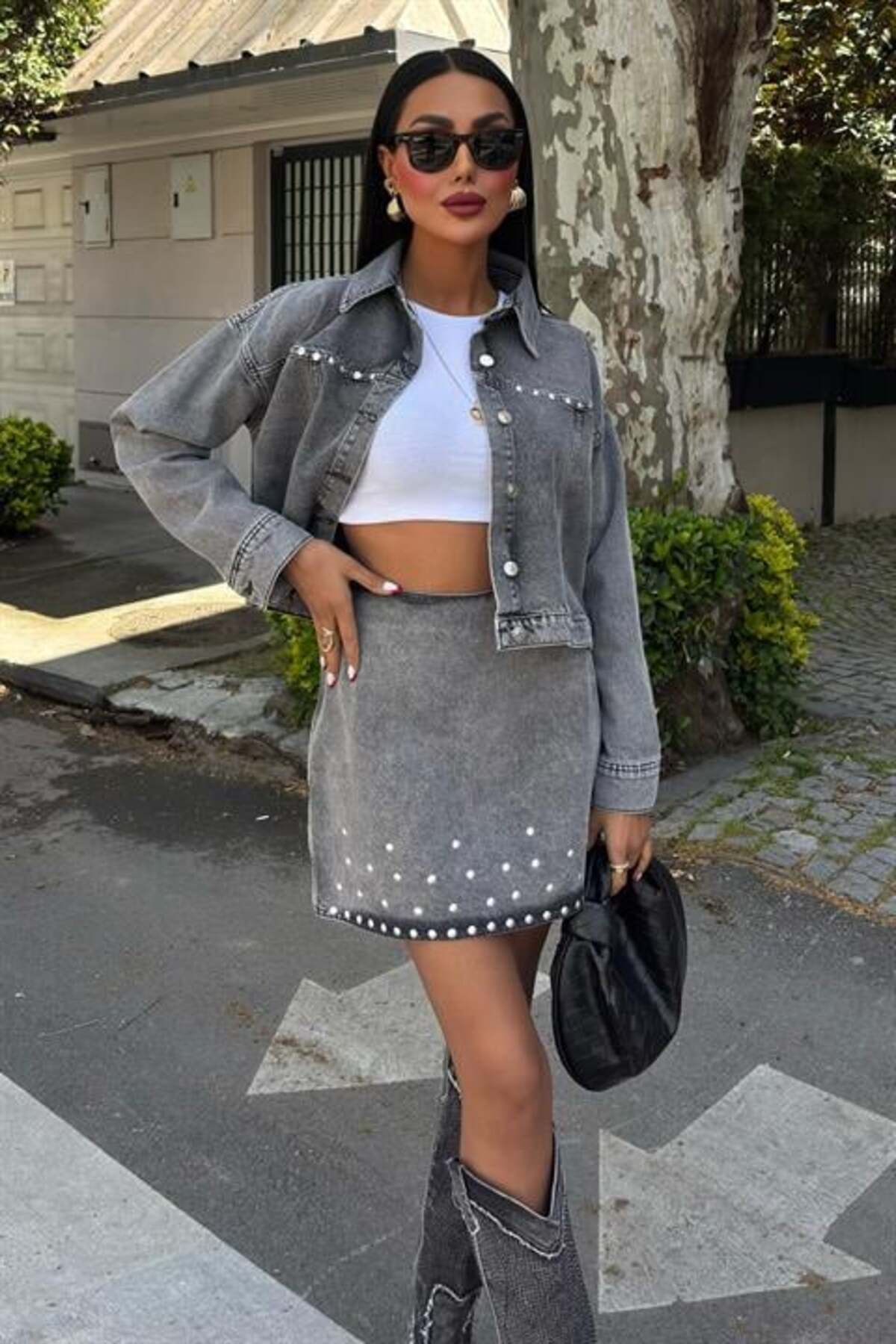 RICHMOST Taş Detaylı Uzun Kollu Cepli Astarsız Ceket Yakalı Kadın Kot Etek ve Ceket Takım (2Parça) Gri Denim