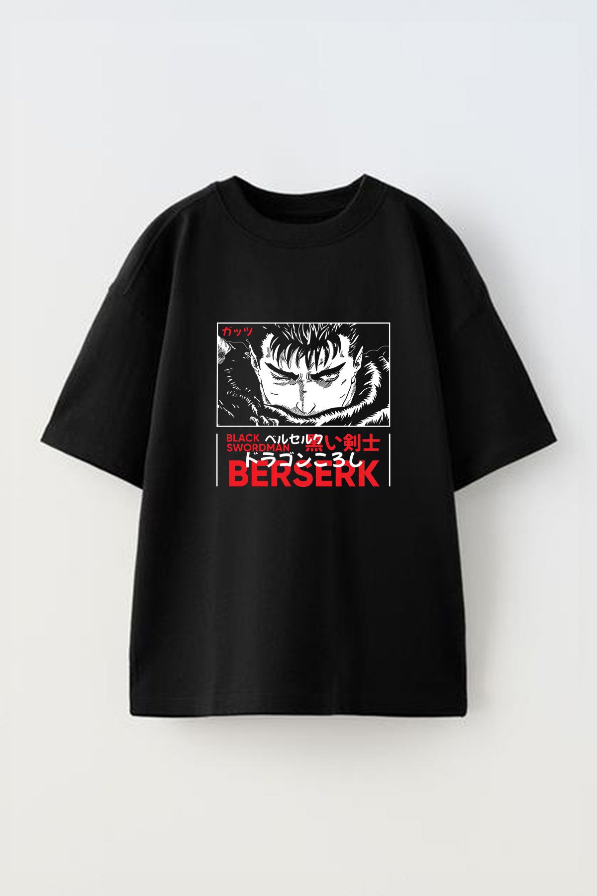 Anetos Berserk Black Swordman Ön Baskılı Pamuk Siyah Oversize T-shirt