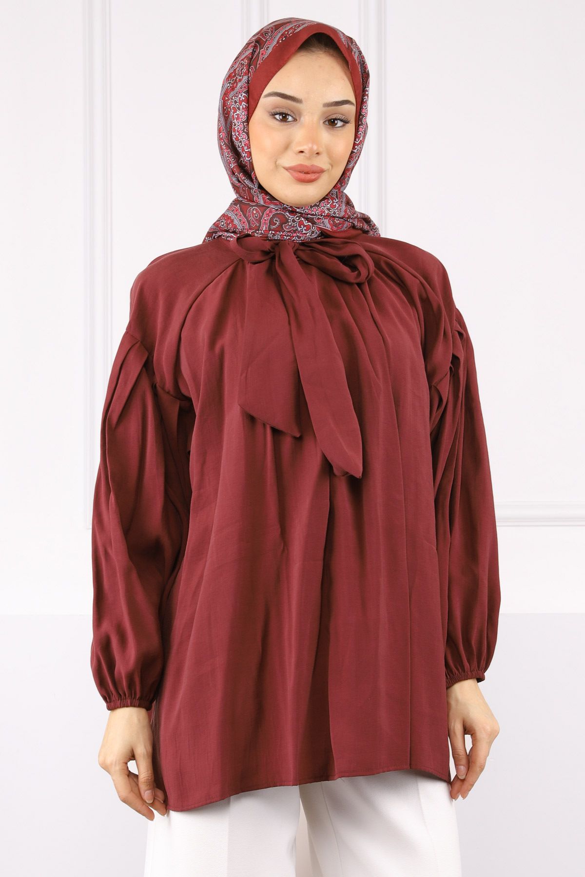 İmajButik Bordo Yaka Detaylı Balon Kol Tunik