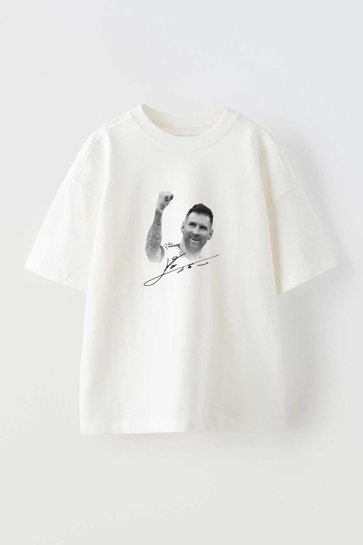 Anetos Lionel Messi İmza Ön Baskılı Pamuk Beyaz Oversize T-shirt