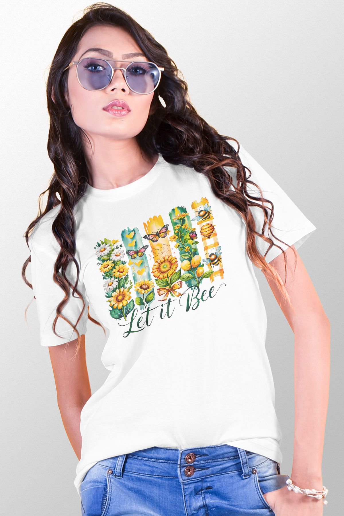 qoeuyl boutique Let It Bee Baskılı Unisex Regular Fit Pamuklu Beyaz Tişört