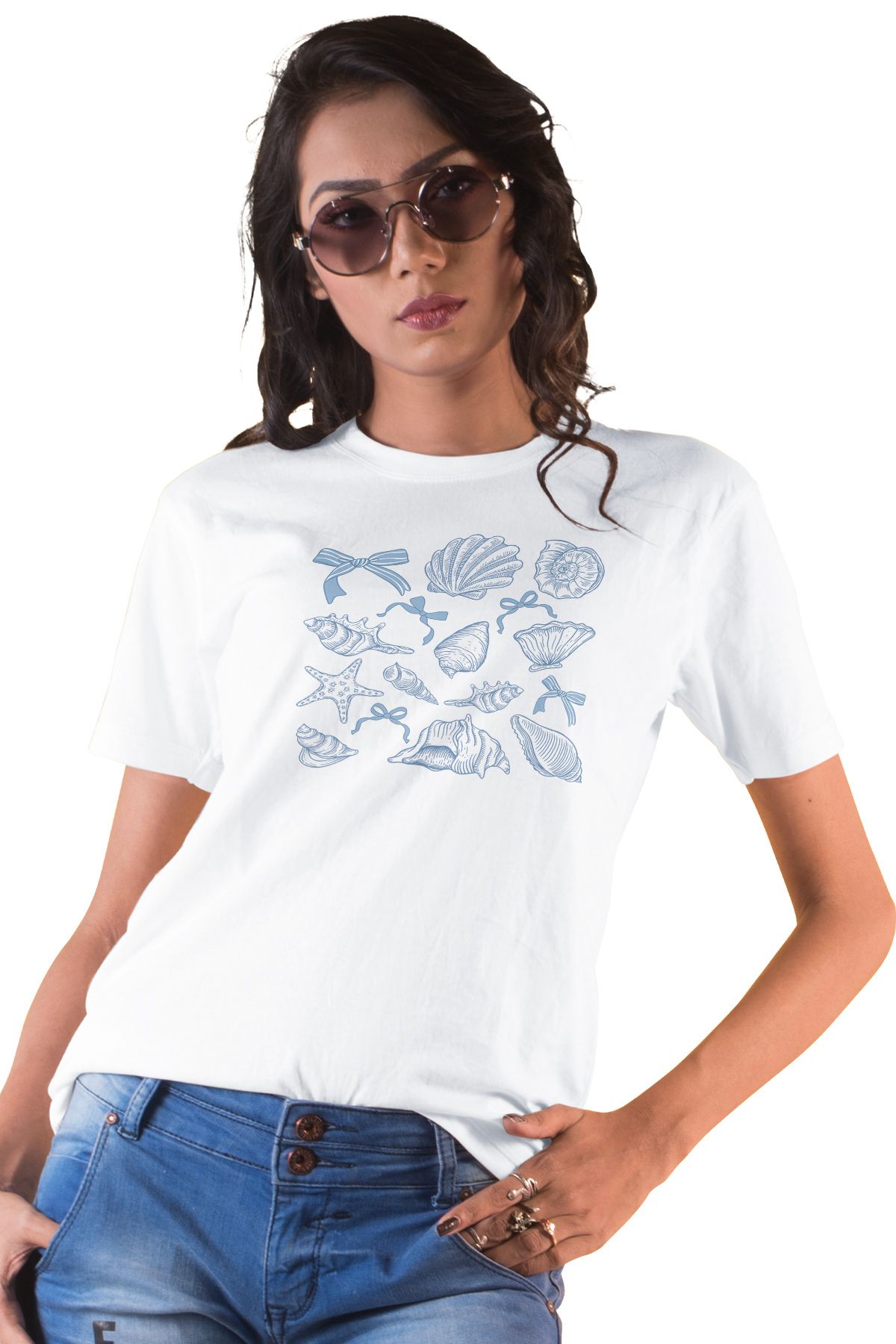 qoeuyl boutique Deniz Kabukları Kurdele Baskılıyaz Temalı Unisex Regular Fit Pamuklu Beyaz Tişört