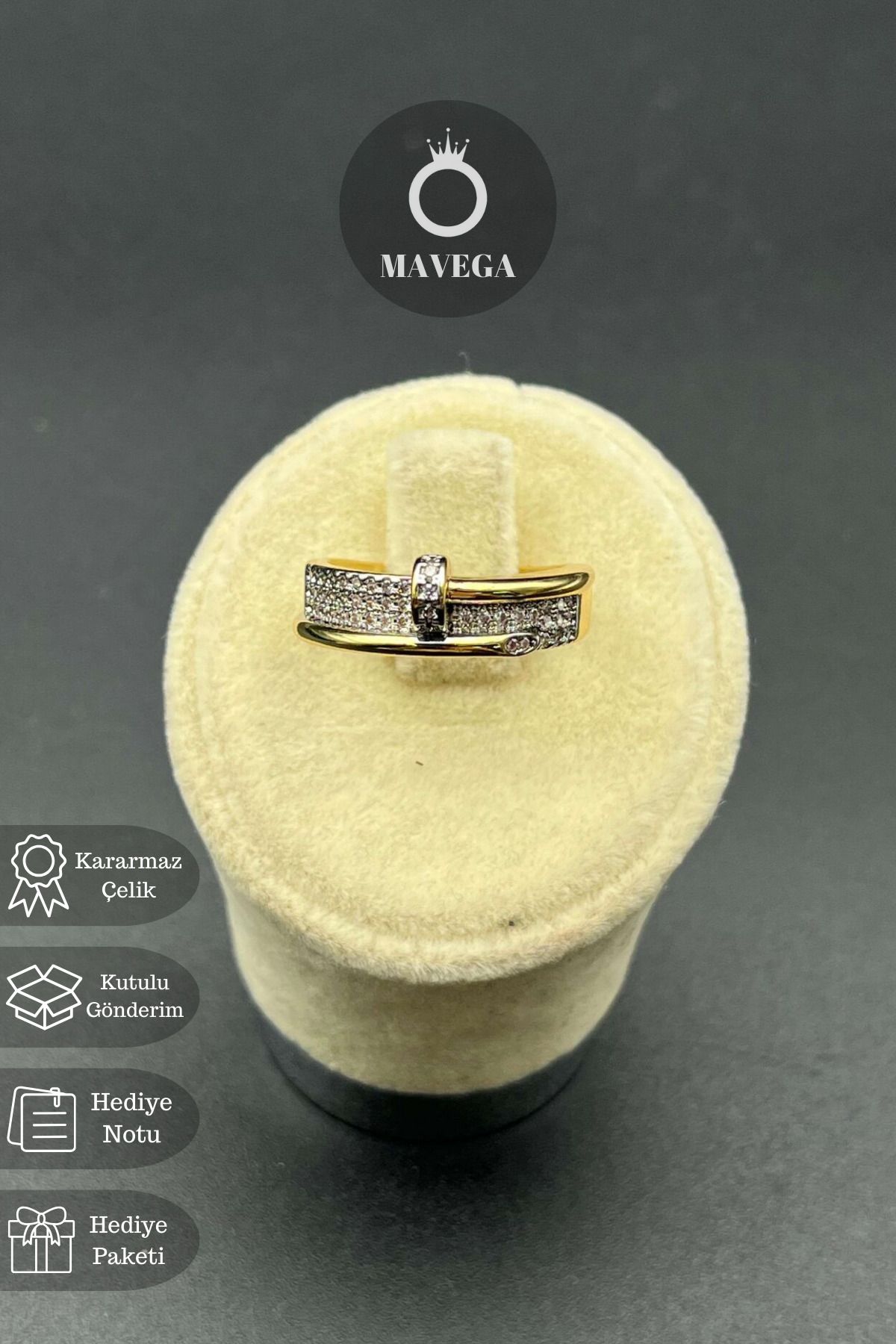 MAVEGA Çivi Modelli Zirkon Taşlı Ayarlanabilir Yüzük | Kararmaz Çelik, Zirkon Taş, Altın Renk