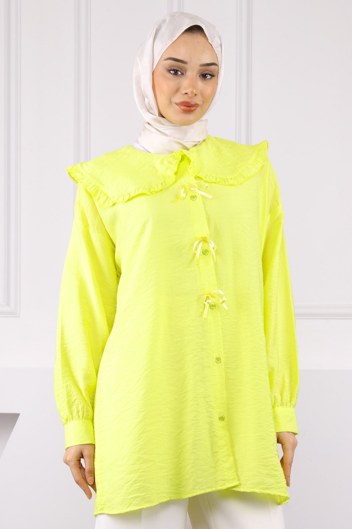 İmajButik Neon Yeşili Bebe Yaka Fiyonk Detaylı Gömlek