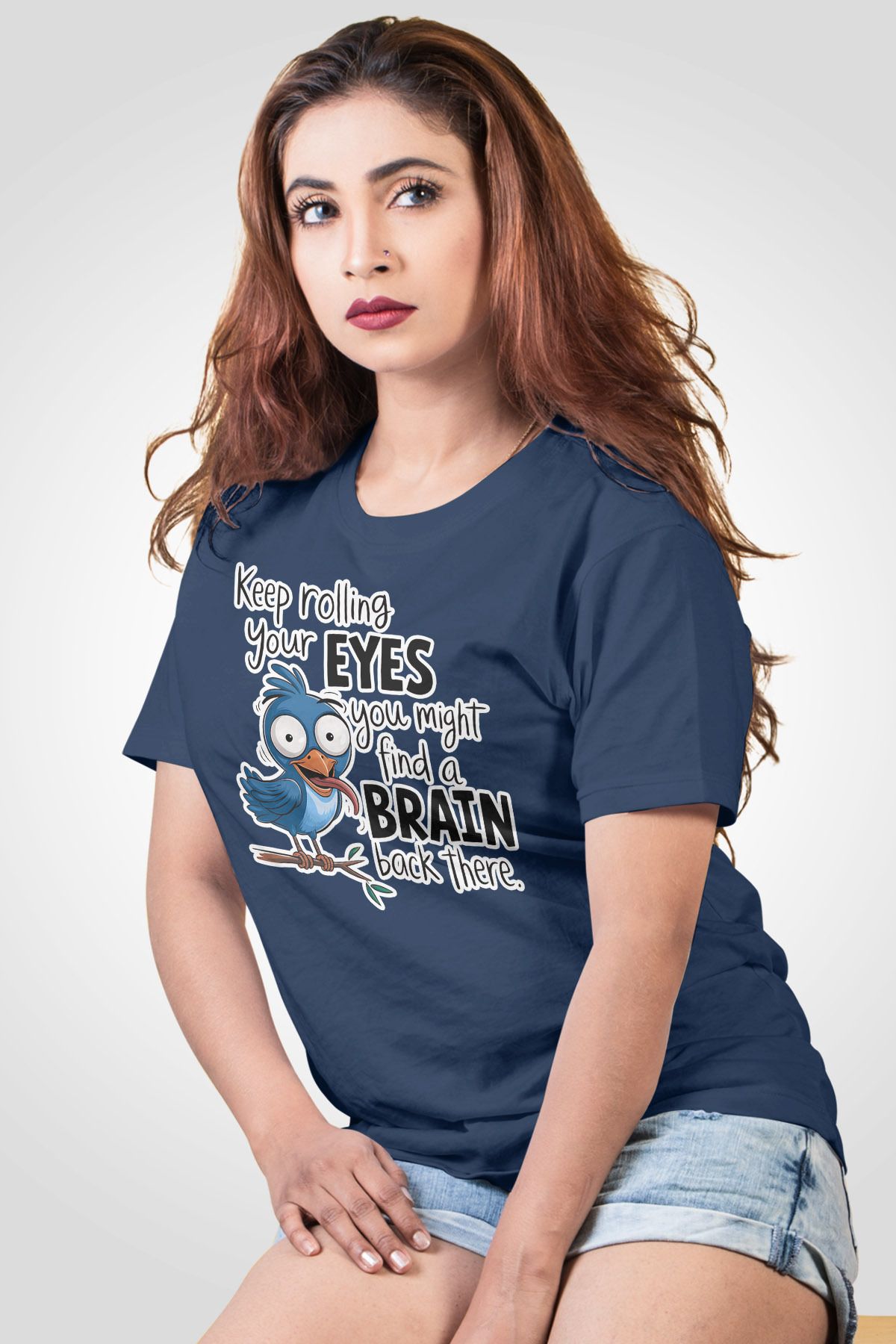 qoeuyl boutique Keep Rolling Your Eyes Sarkastik Baskılı Unisex Regular Fit Pamuklu Lacivert Tişört