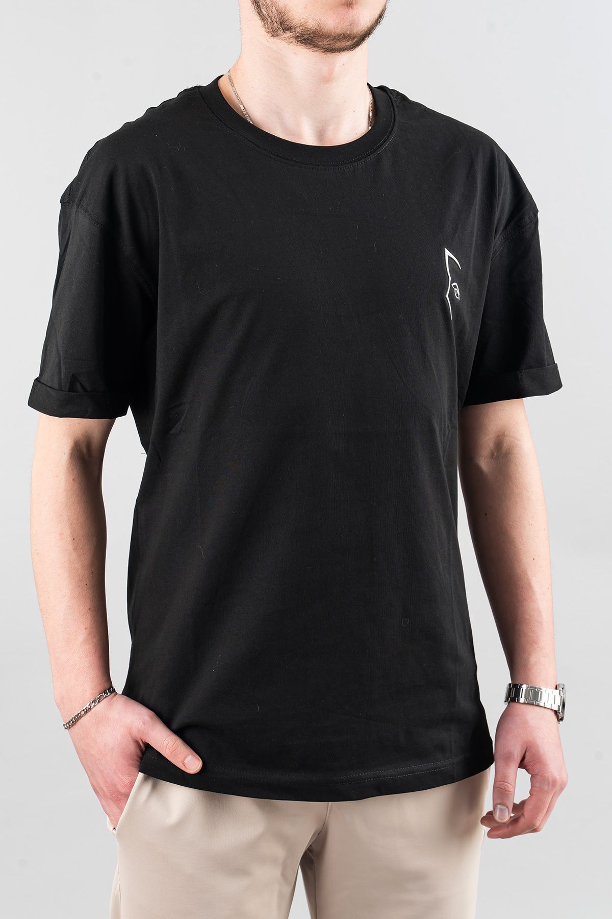 bombe Erkek Özel Bisiklet Yaka Tişört Basic Yarı Owersize Düz Baskılı T-Shirt