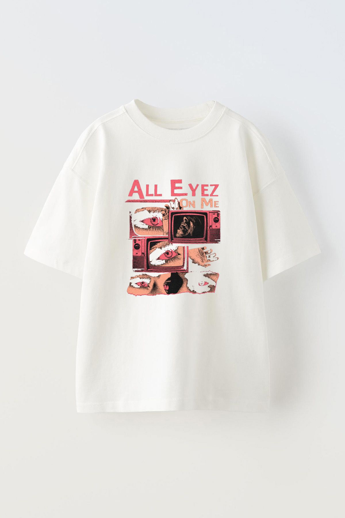 Anetos All Eyez On Me Ön Baskılı Pamuk Beyaz Oversize T-shirt