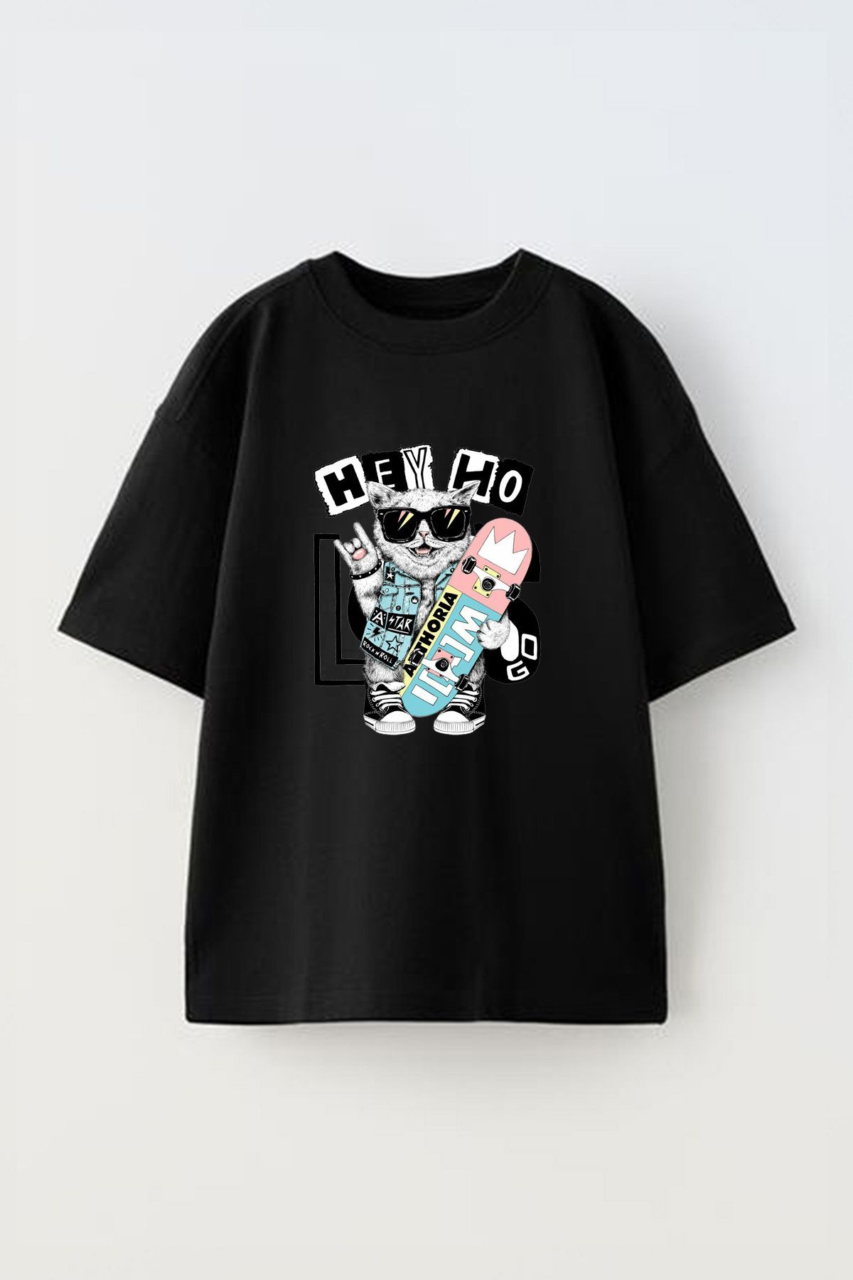 Anetos Hey Ho City Ön Baskılı Pamuk Siyah Oversize T-shirt