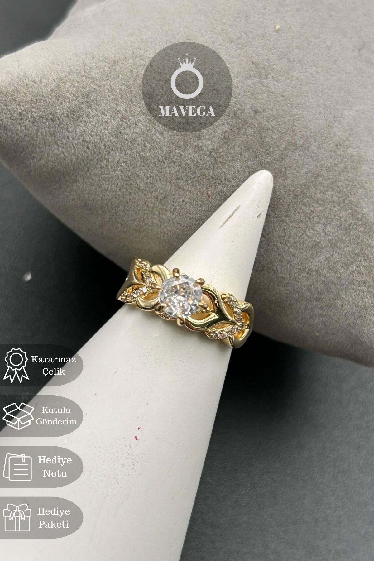 MAVEGA Zirkon Tek Taşlı Örgü Model Ayarlanabilir Yüzük | Kararmaz Çelik, Zirkon Taş, Altın Renk
