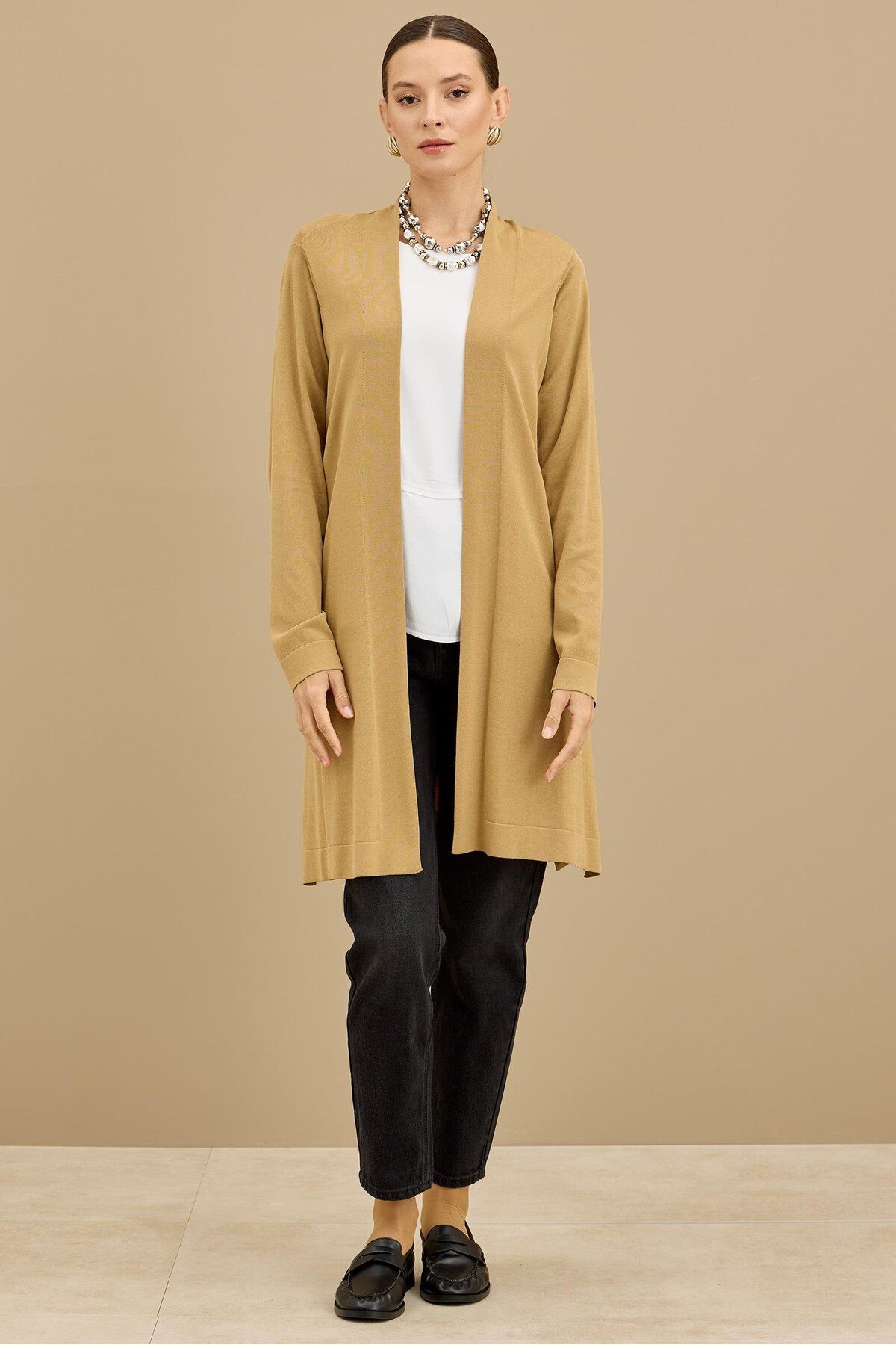 Tığ Triko Beli Kemerli Rayon Basic Hırka CAMEL