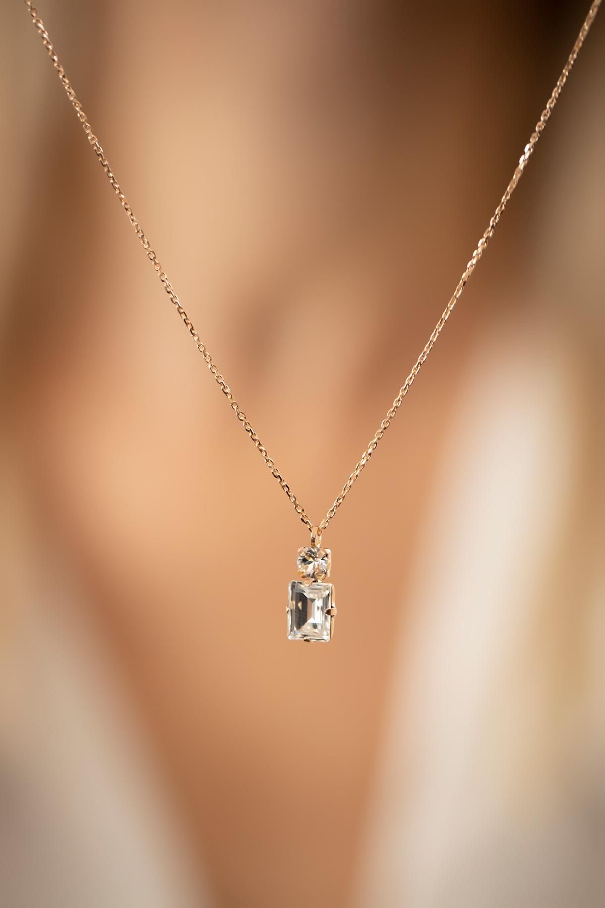 Ninova Silver Baget ve Tektaş Model Rose Kaplama Gümüş Crystal Kolye