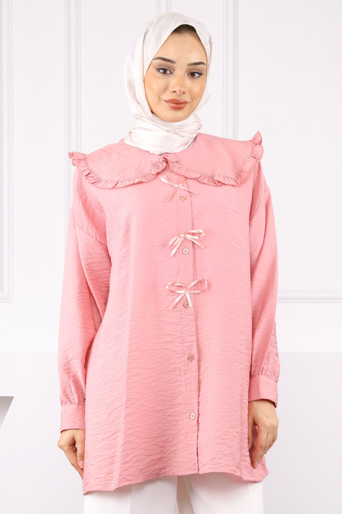 İmajButik Gül Kurusu Bebe Yaka Fiyonk Detaylı Gömlek
