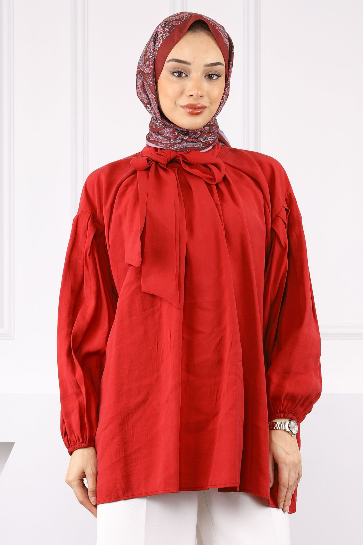 İmajButik Kırmızı Yaka Detaylı Balon Kol Tunik