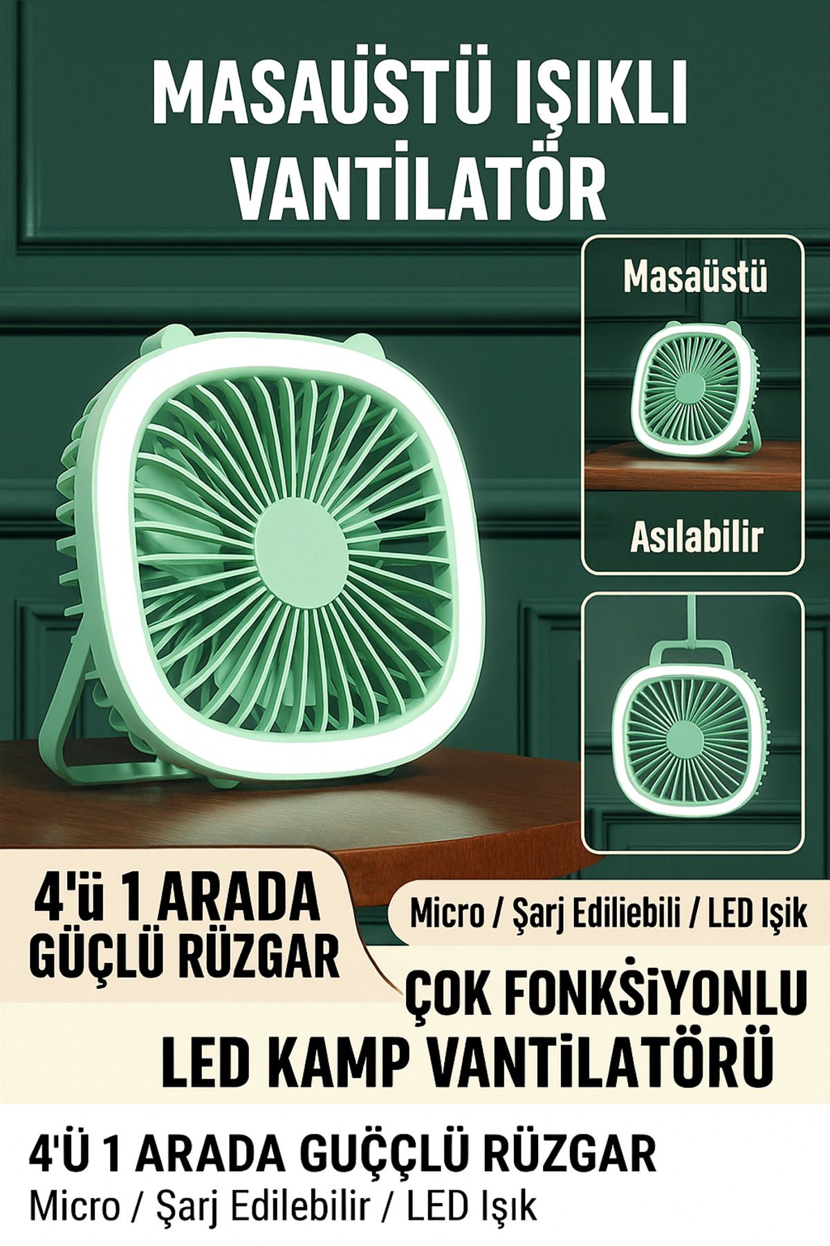 qasul LED Işıklı Şarj Edilebilir Masa Fanı Ofis, Ev, Masa Üstü, Yatak Odası İçin Taşınabilir Vantilatör