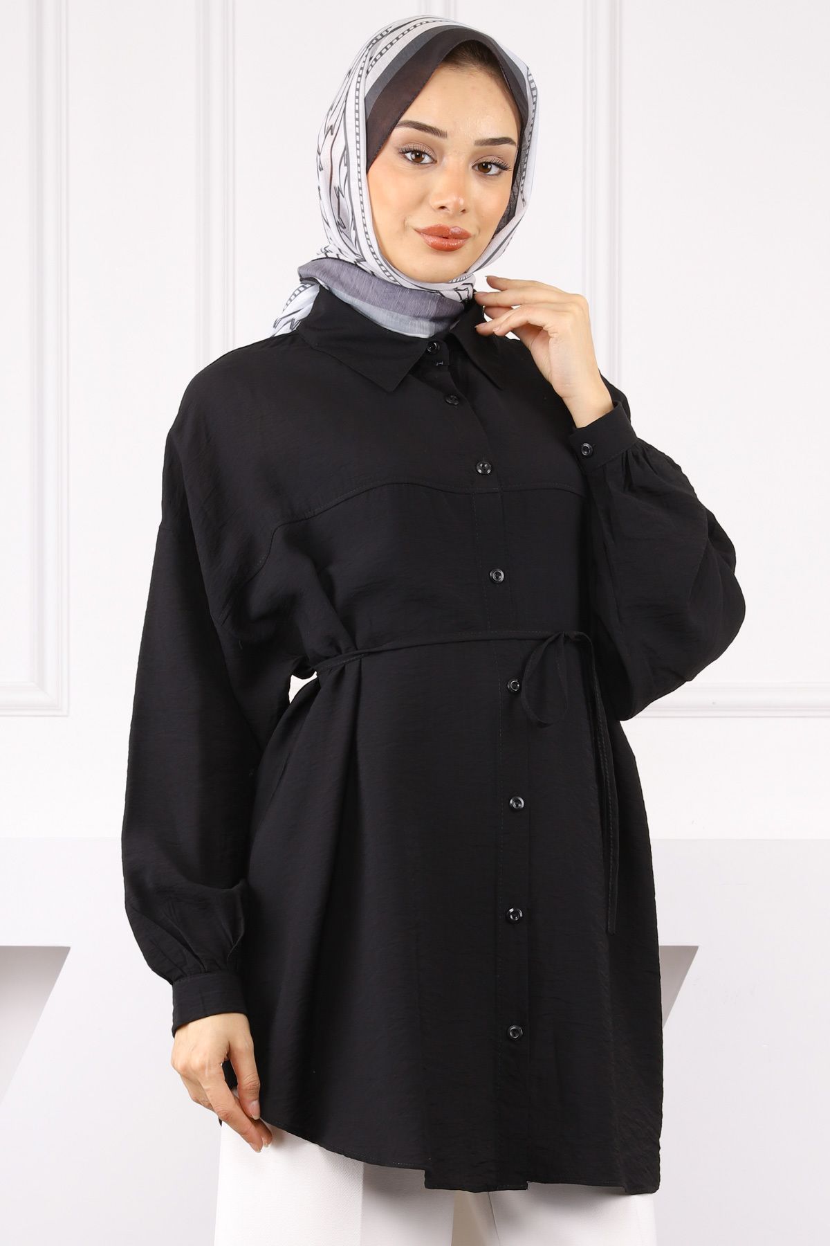 İmajButik Siyah Beli İp Detaylı Tunik