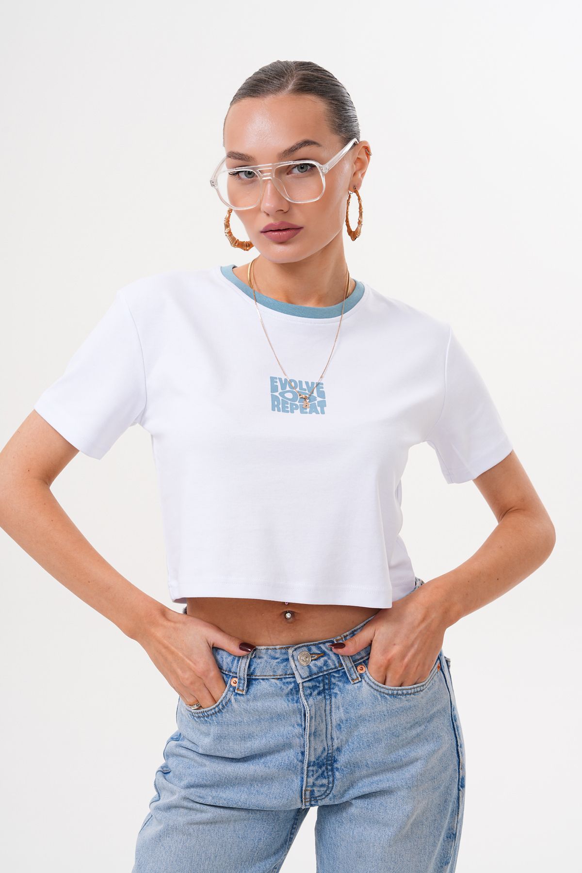 SALTİMORE Beyaz- Mavi Renk Bloklu %100 Pamuk Slogan Baskı Fitted/Vücuda Oturan Örme T-Shirt