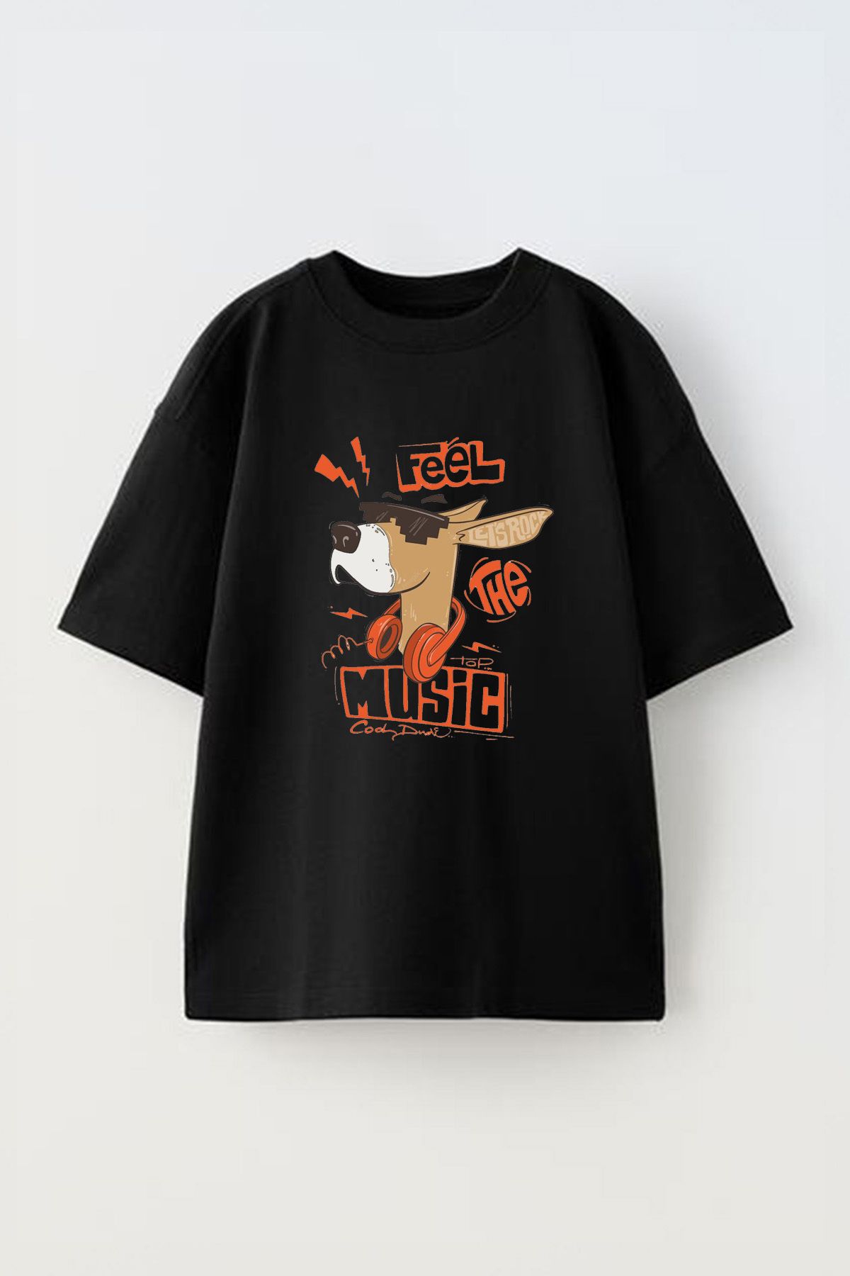 Anetos Feel Dog Music Ön Baskılı Pamuk Siyah Oversize T-shirt