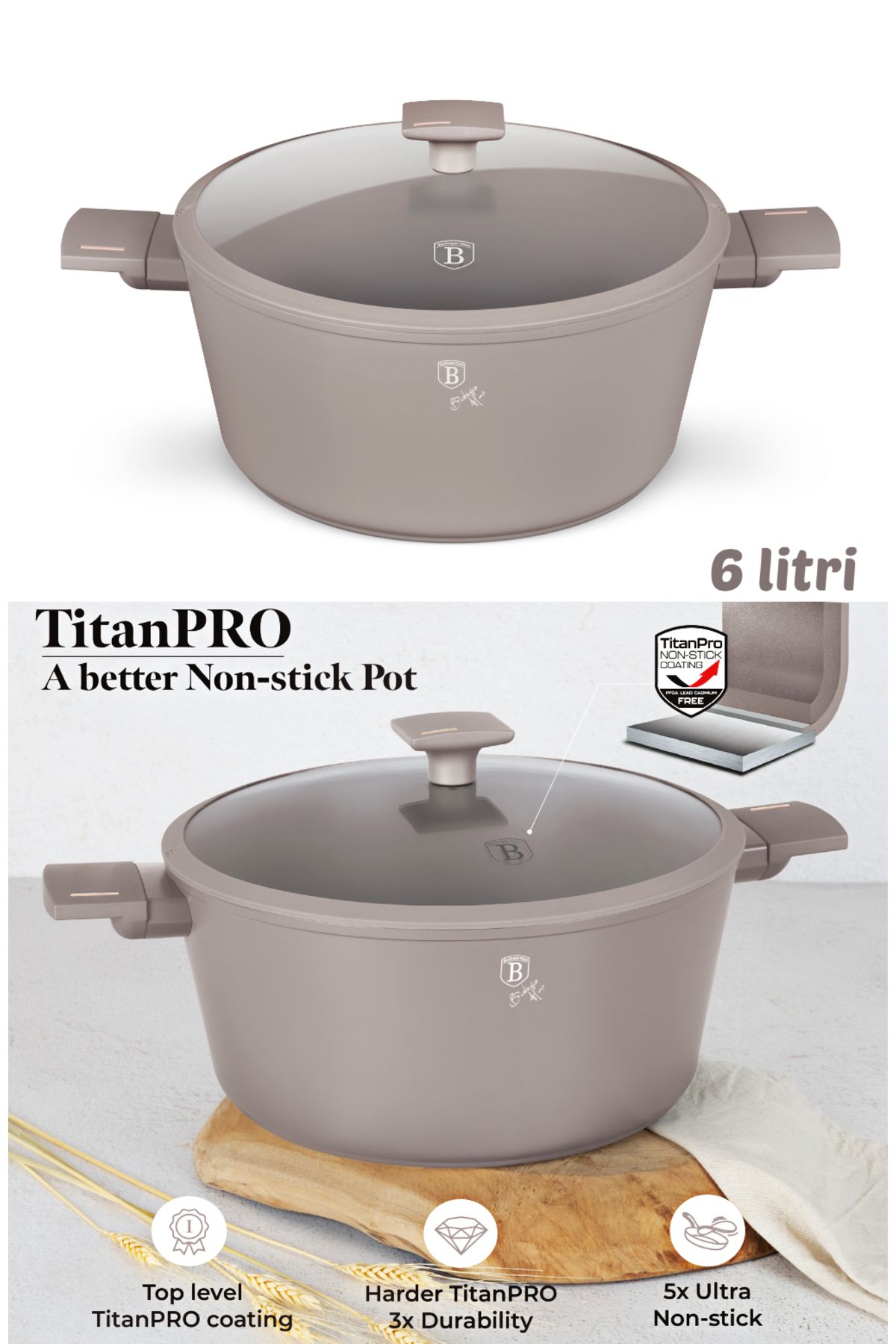 Berlinger-Titanium Pot With Lid Non-stick 6,1 L - 28 Cm Taupe Collection Induction All Stoves 1