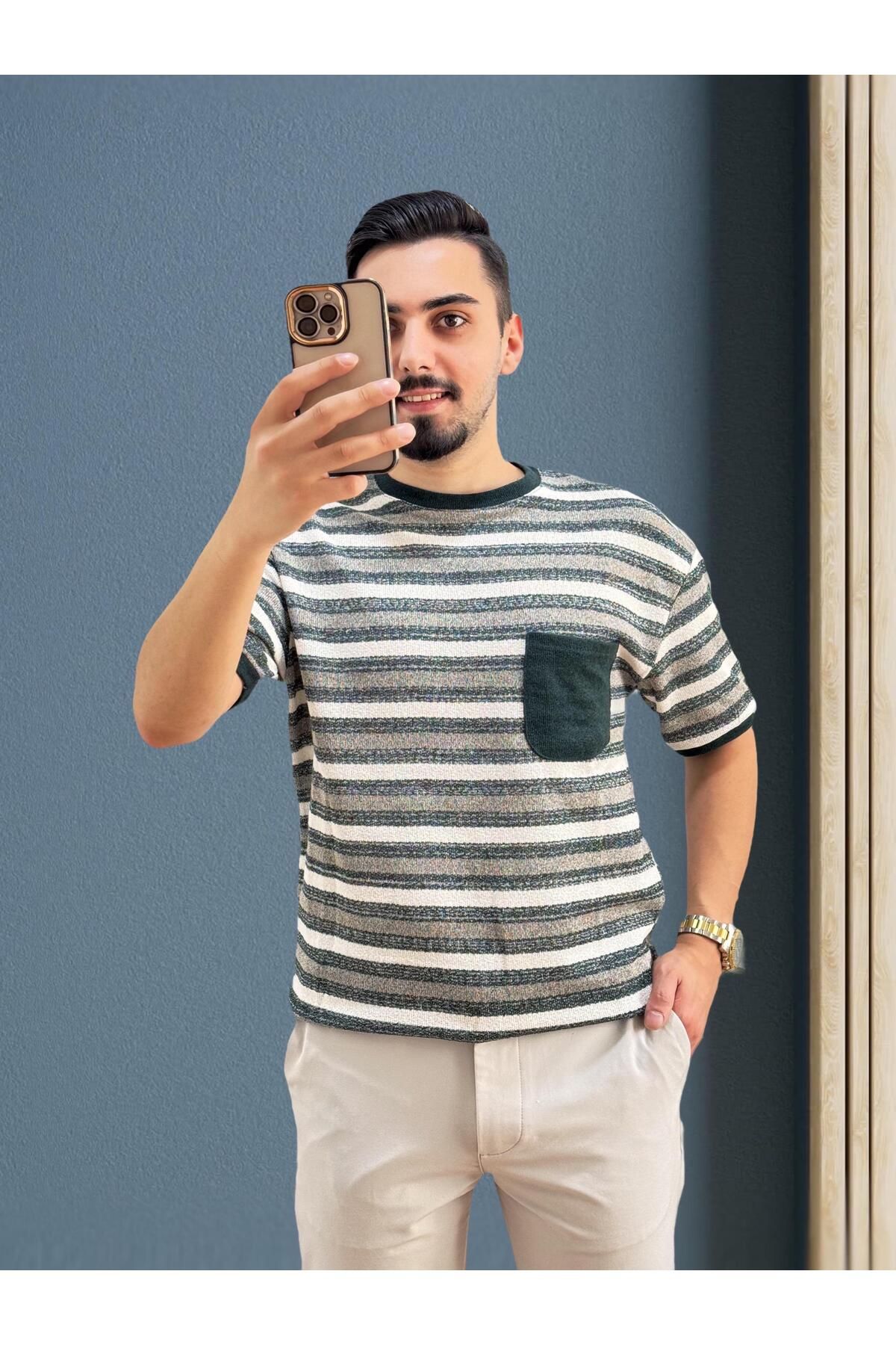JACK CAPRİO Erkek Bisiklet Yaka Cep Detaylı Yeni Sezon Trend Çizgili Örme T-shirt