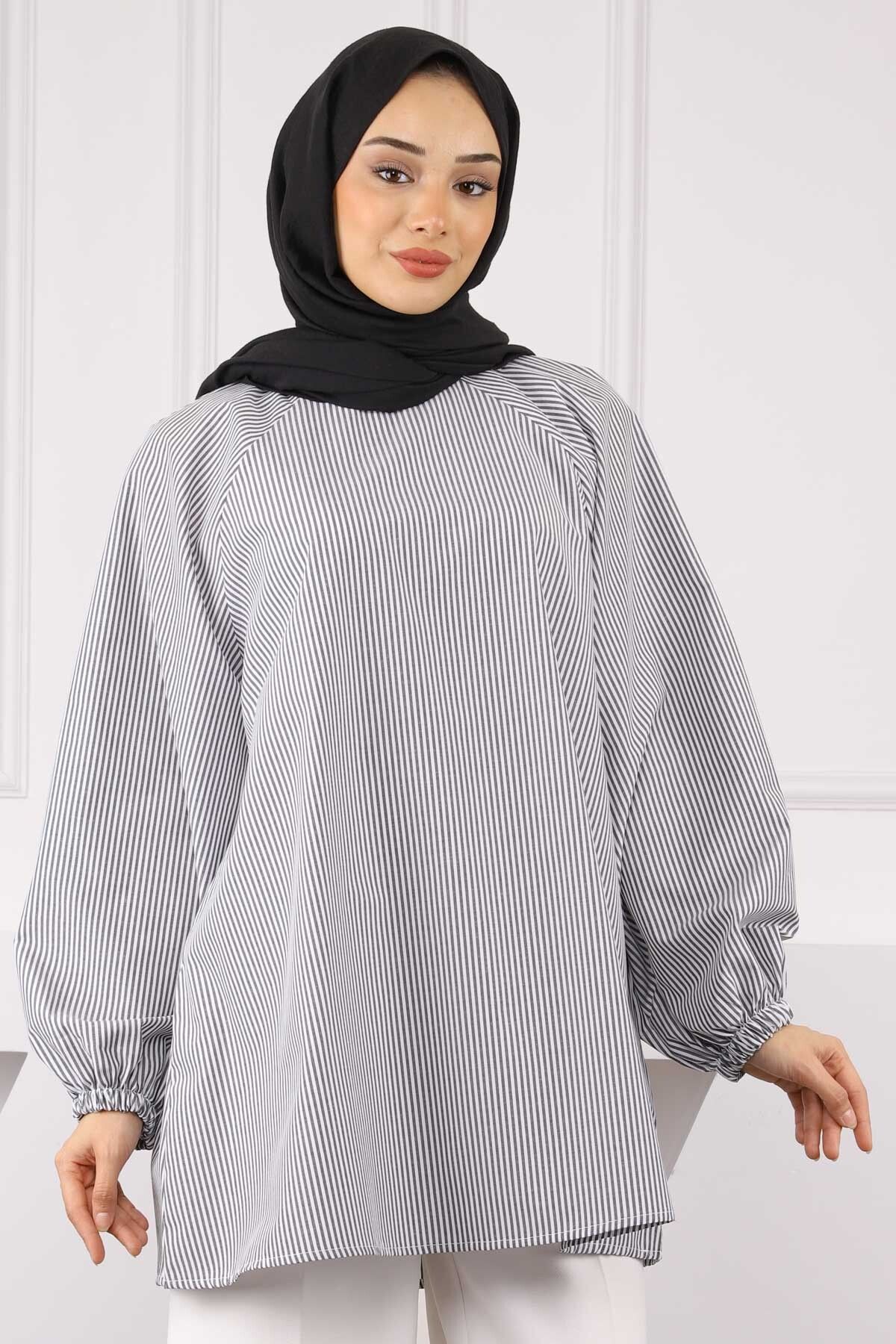 İmajButik Füme Balon Kol Çizgili Tunik