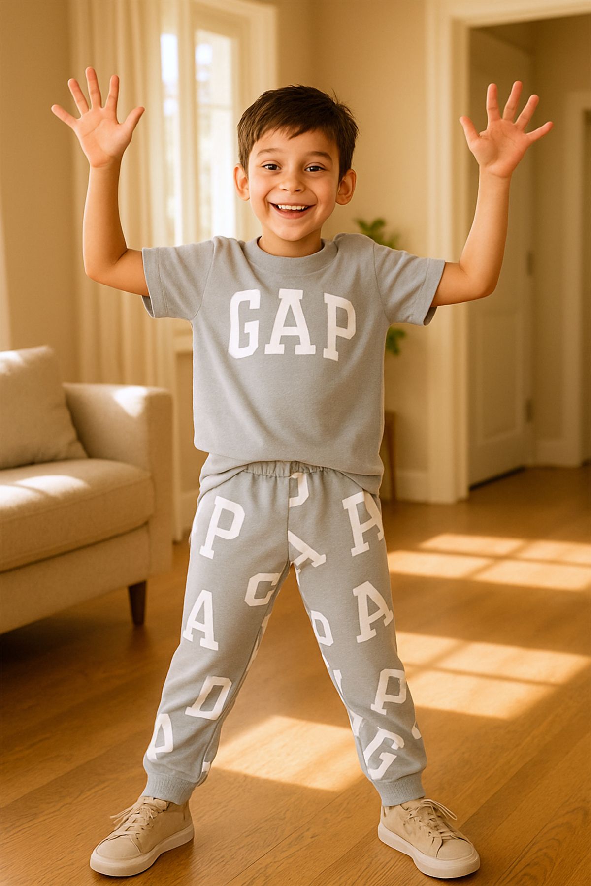 HÇM-Boy's Top and Bottom Set with Text Printed Short Sleeves B45 1