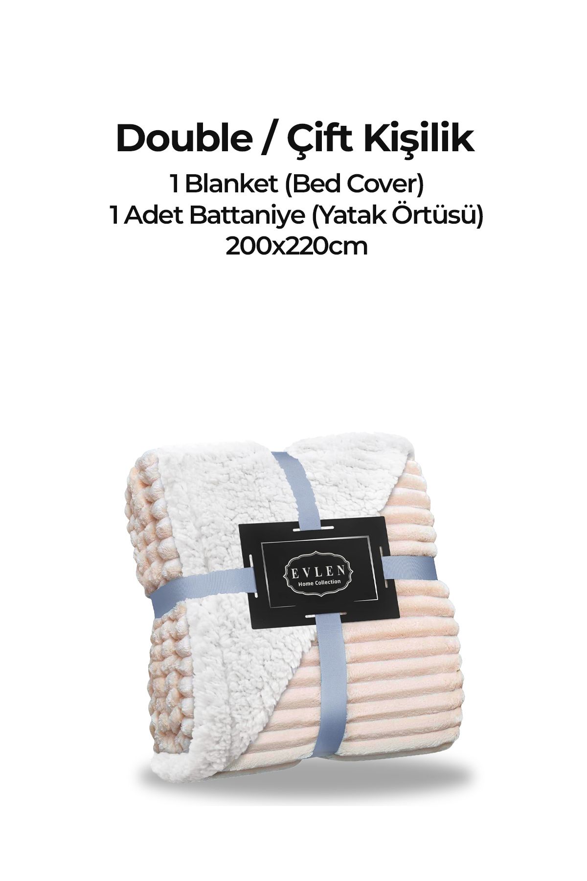 Evlen Home Collection-Sherpa Blanket Double, Striped Soft Plush Wellsoft Bedspread Cream 6