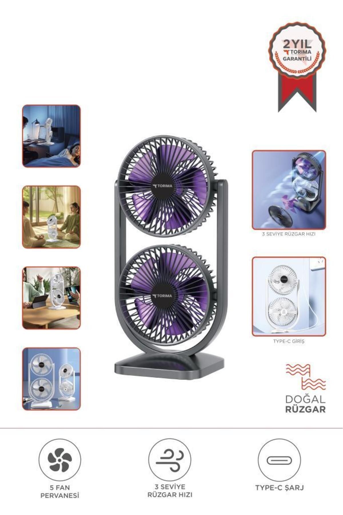 Torima F-22 Siyah Mini Fan | Taşınabilir Çift Başlıklı Sessiz Vantilatör | Type-C Girişli, 3 Kademel
