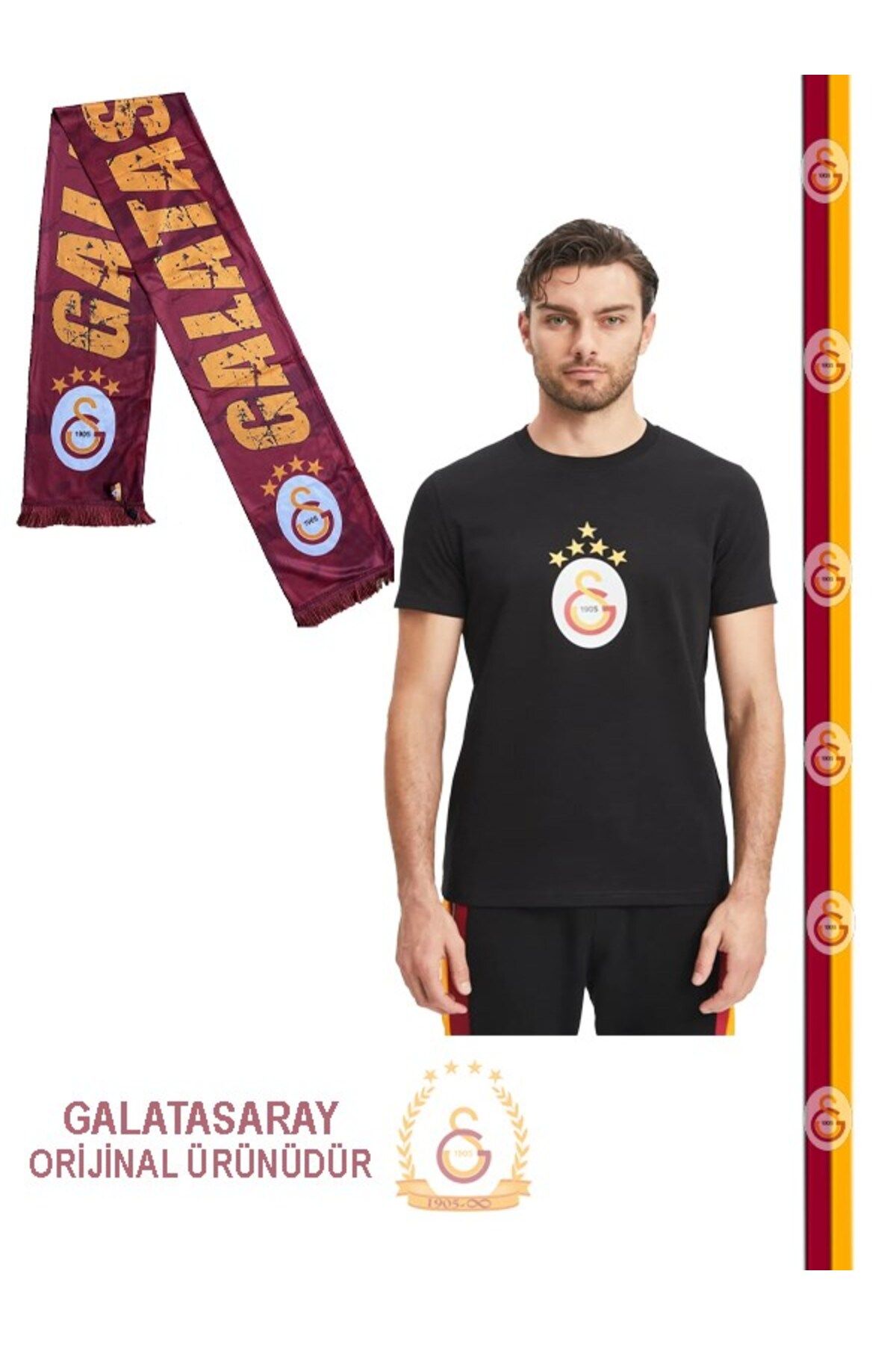 Galatasaray Orijinal Siyah 5 Yıldız T-Shirt Atkı Hediyeli