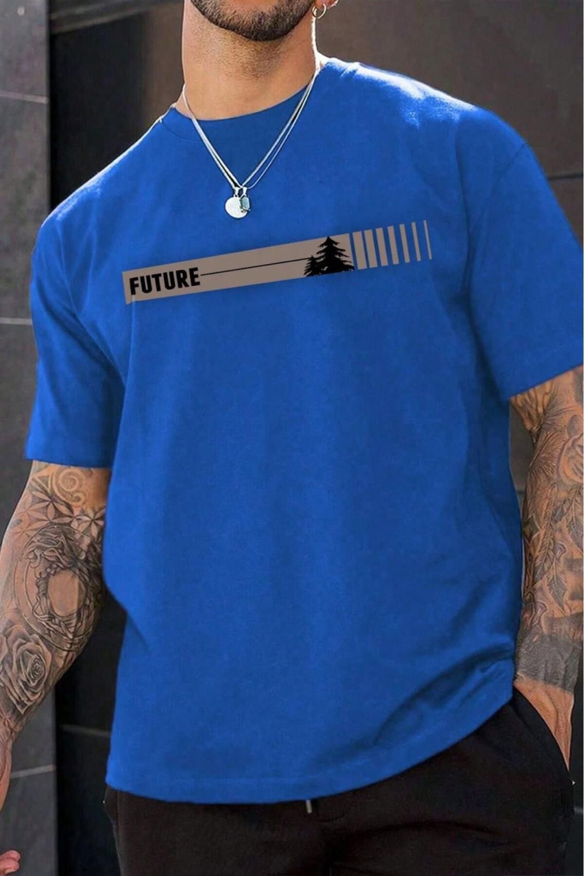 NO 601 Erkek Saks Mavi Future Baskılı Oversize Tshirt