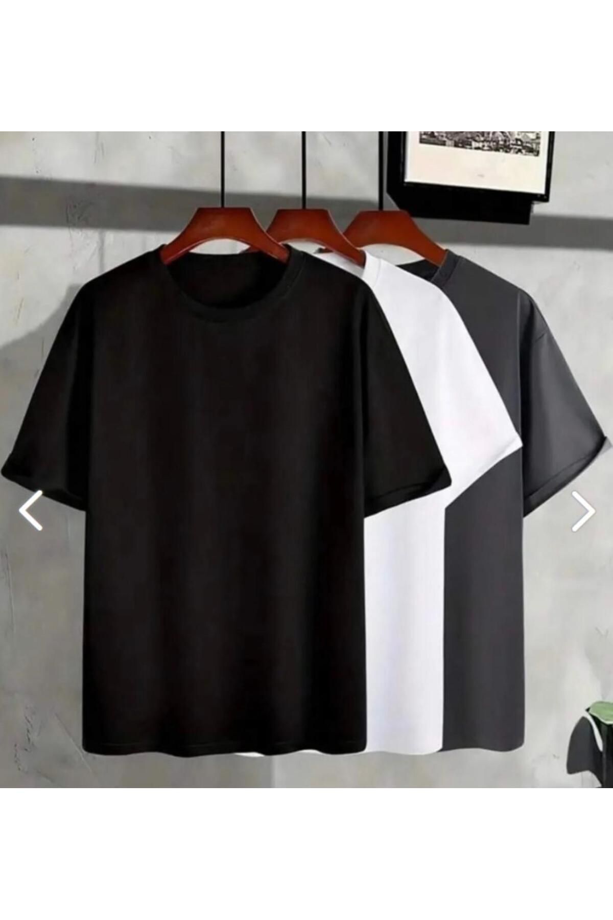 Perodia Unisex Beyaz Füme Siyah 3lü Set Bisiklet Yaka Oversize T-shirt