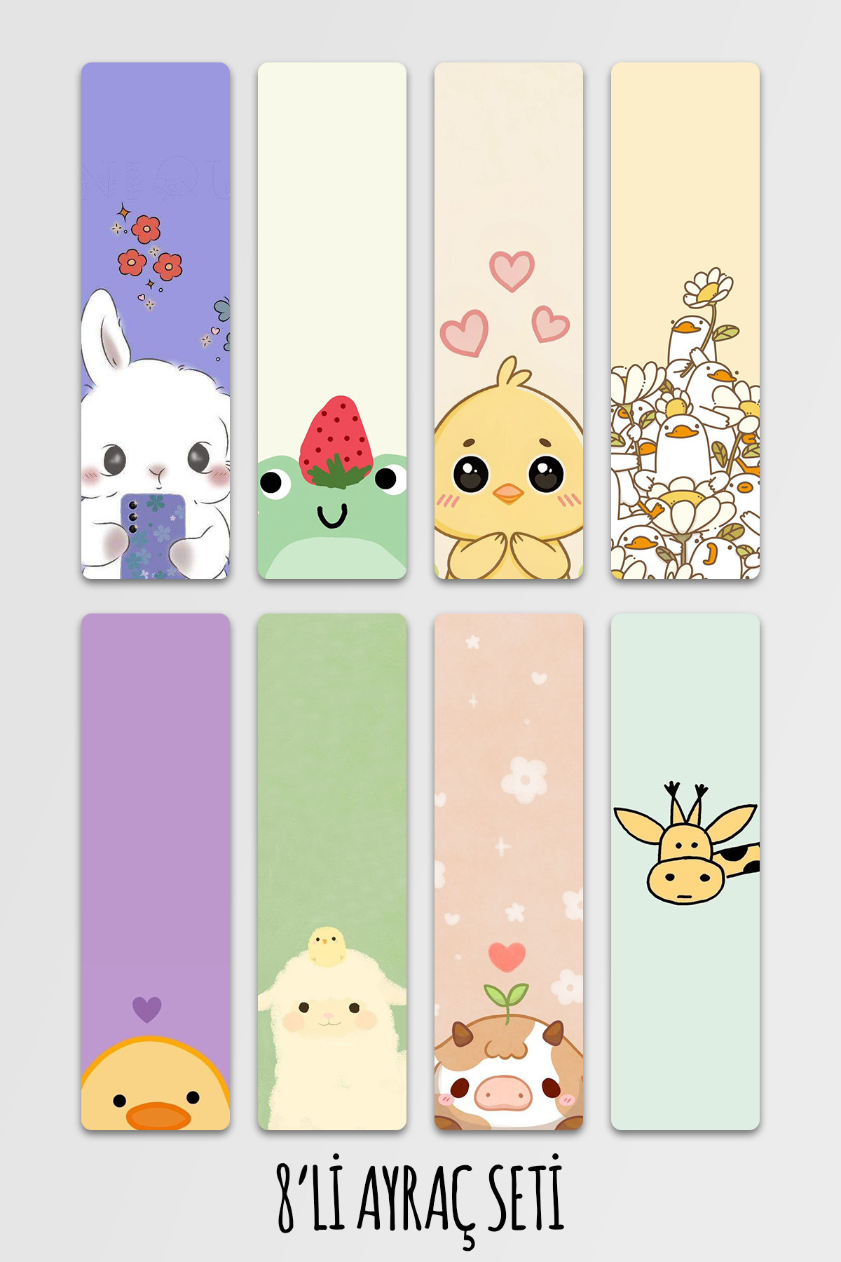 Anime Marketi Tatlı Hayvanlar Desenli Estetik Ayraç Seti 8'li Kitap Ayracı Seti 14,50x5cm Boyutunda