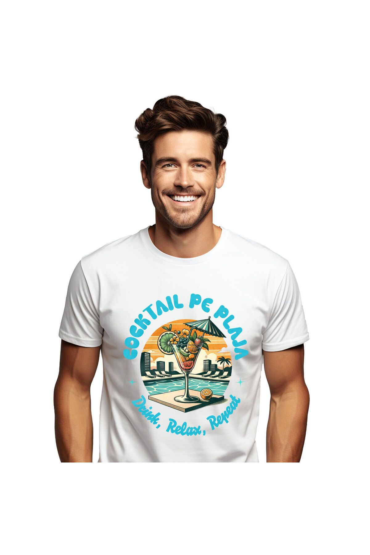 StoryGift Romania Tricou Barbati Cu Pahar De Cocktail Elegant Cu Fructe Si Umbrela La Piscina Apus,white_xl Masculin - XL
