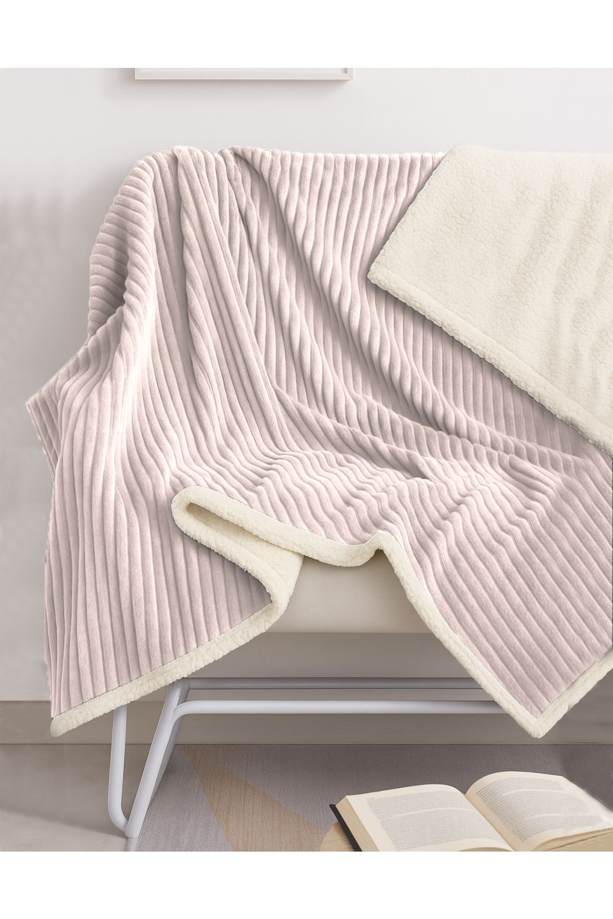 Evlen Home Collection-Sherpa Blanket Double, Striped Soft Plush Wellsoft Bedspread Cream 7