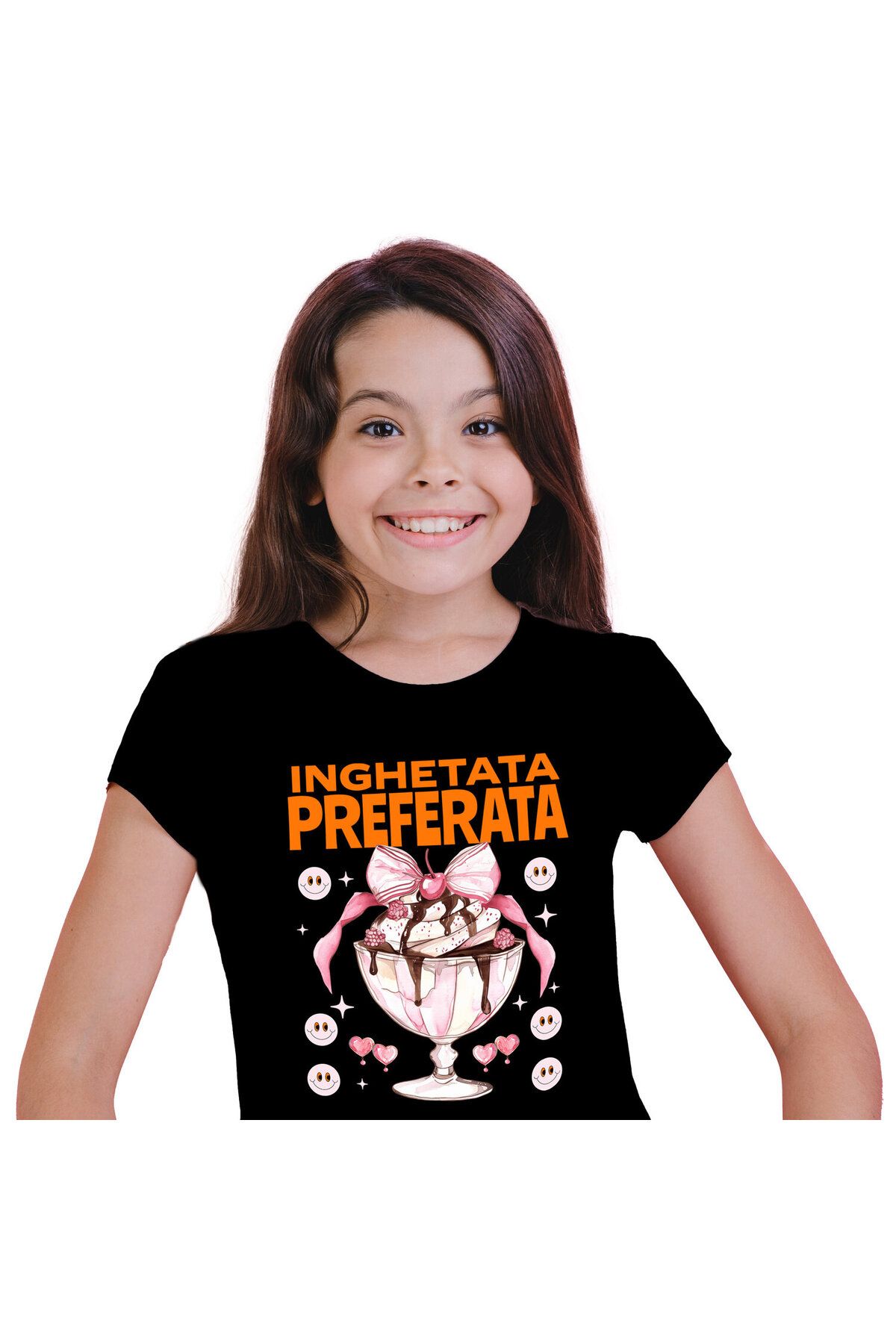 StoryGift Romania Tricou Copii Cu Inghetata In Pahar Cu Picior Elegant Funda Roz Si Cireasa Smiley,black_4ani Unisex - 11–12 years