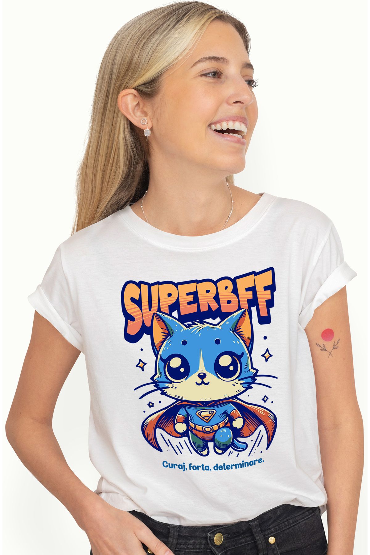 StoryGift Romania Tricou Femei Super Bff, Best Friend, Supererou, Pisica Zburand, Cu Imprimeu Pe Wht_xs Femeie - M