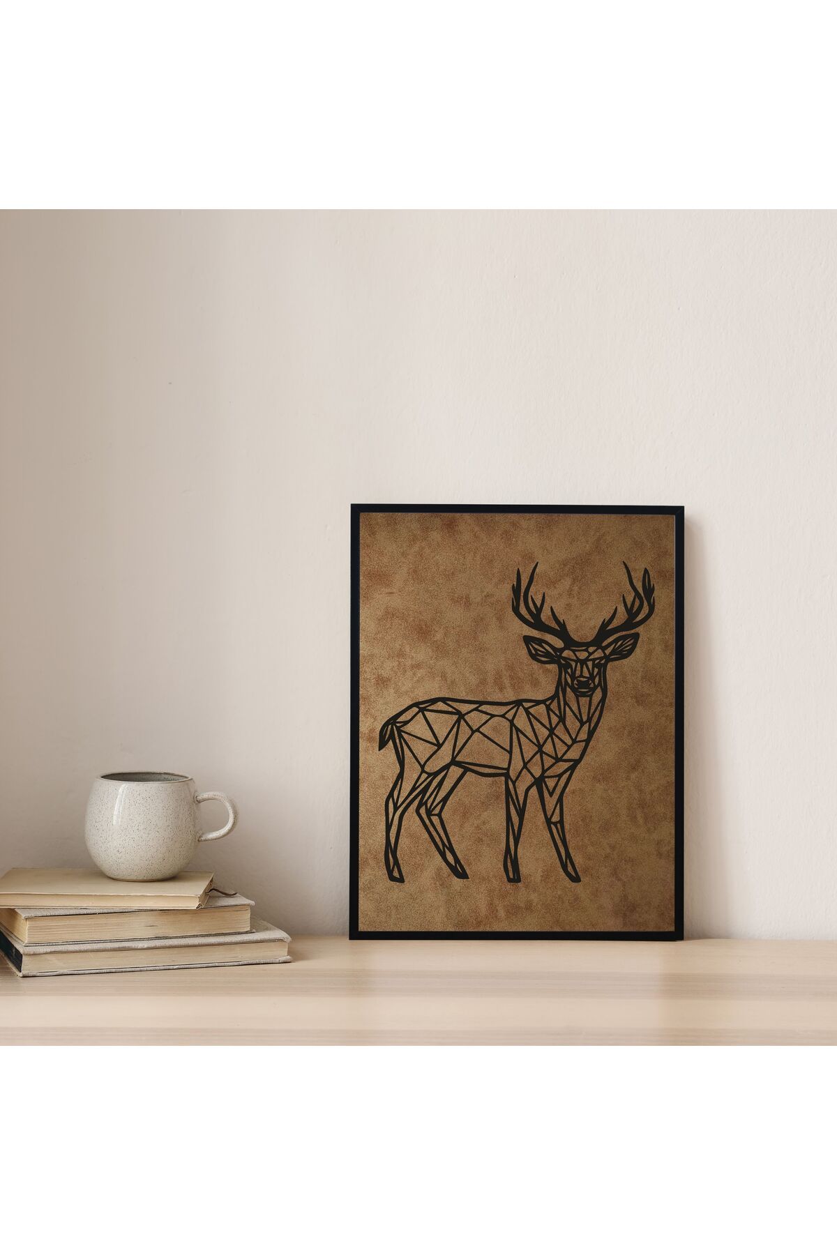Grand Fine Art Çerçeveli Süet Deri Üzerine Siyah Mdf Tablo Geometrik Geyik
