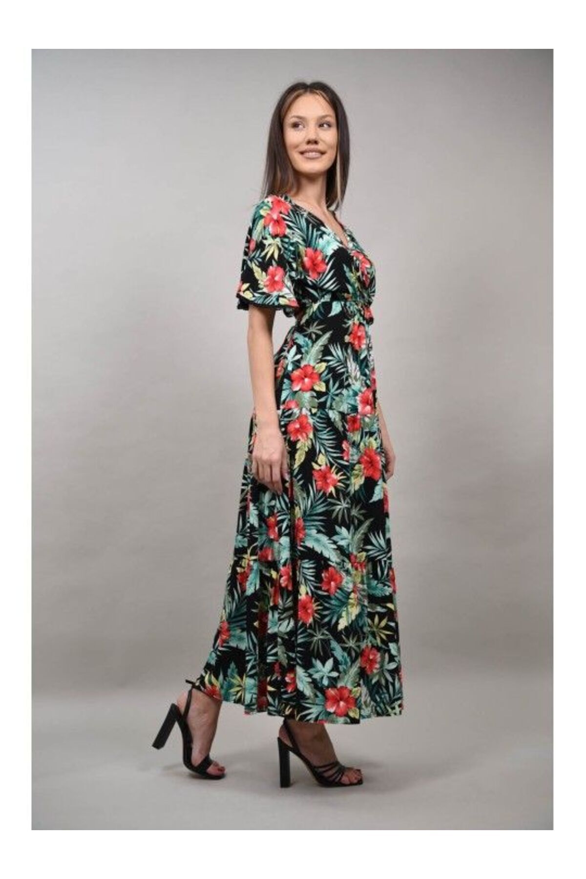 sweet girl-BOHO CHIC INDIAN LONG DRESS WITH SHORT SLEEVE MULTICOLOR NUVOLOSA Black S-M 2