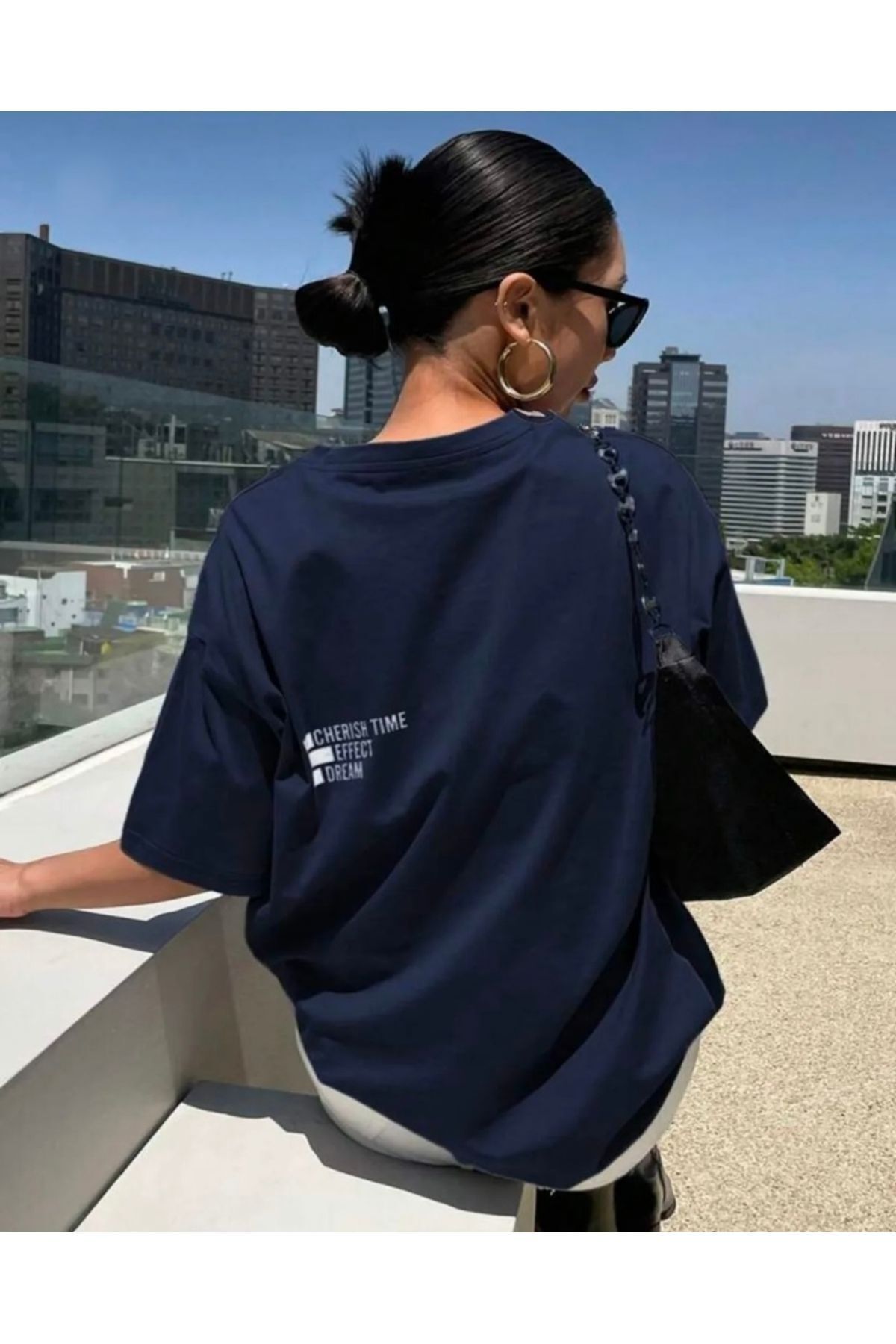 Perodia Lacivert Cherısh Time Effect SIRT Baskılı Oversize Tshirt