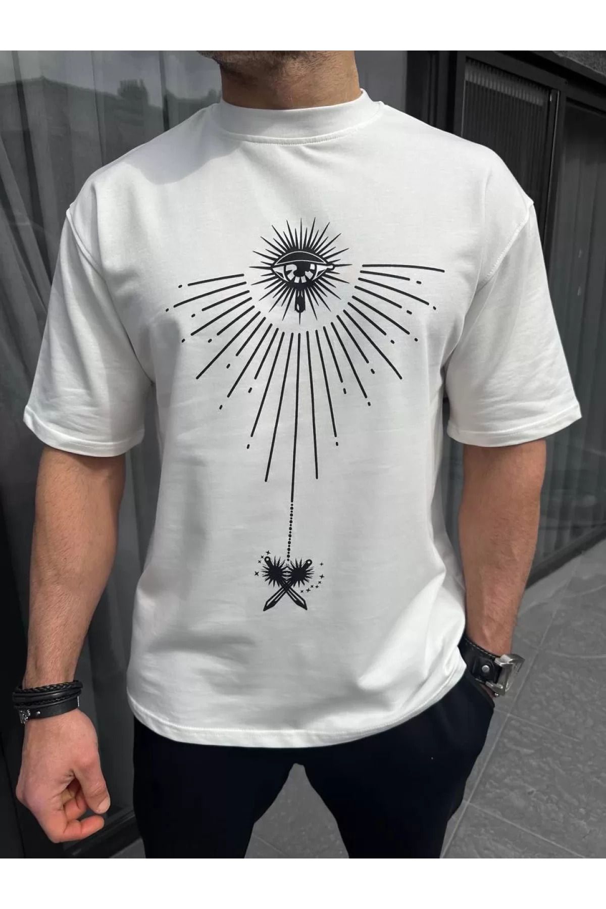 İndigo Park Baskılı oversize tişört Unisex Bisiklet Yaka Baskılı Oversize T-Shirt - Beyaz
