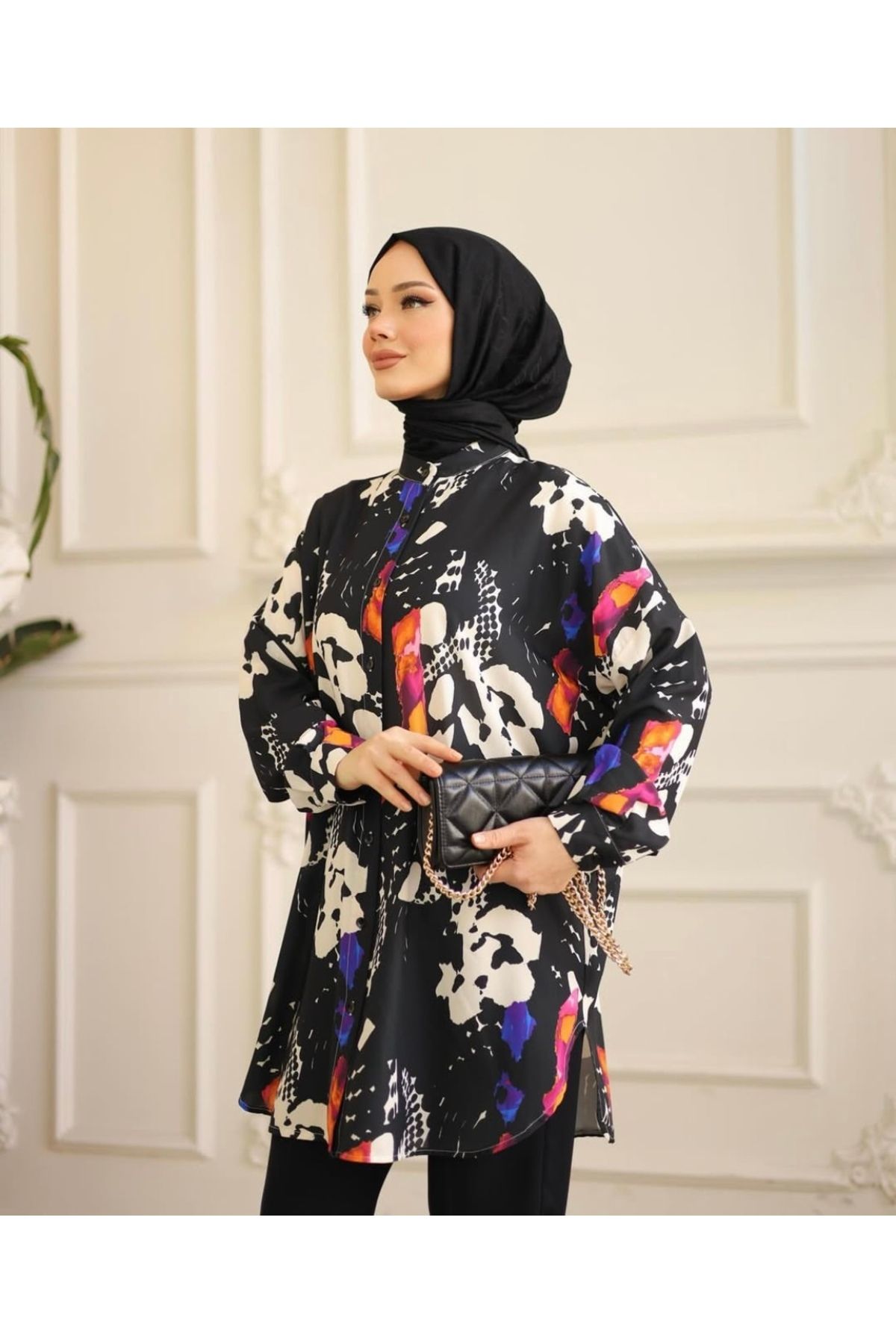 Butik N&G Dik Yaka Desenli İnce Krep Gömlek