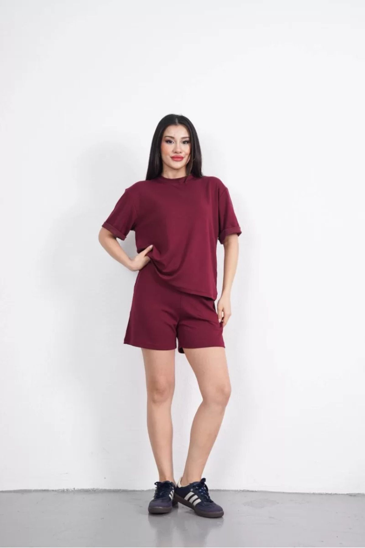 Flaubert /yumuşak dokulu Kumaş Kadın Bisiklet Yaka T-shirt Kısa Şort İkili Takım - Bordo