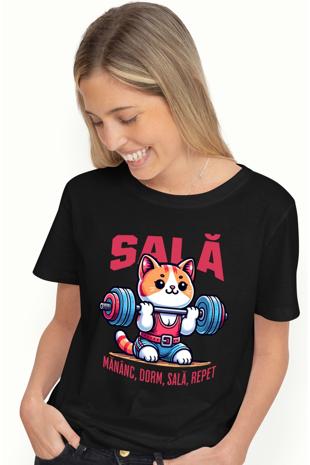 StoryGift Romania Tricou Femei Pisica Ridicand Bara Greutati Sala Mananc Dorm Cu Imprimeu Pe Fata, Blk_l Femeie - S