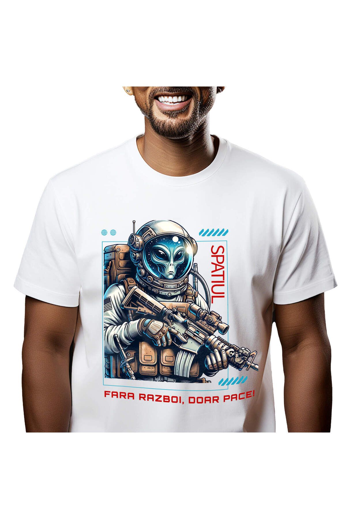 StoryGift Romania Tricou Barbati Cu Extraterestru In Costum Spatial Cu Arma Armura Militara, Jocur,white_xs Masculin - L