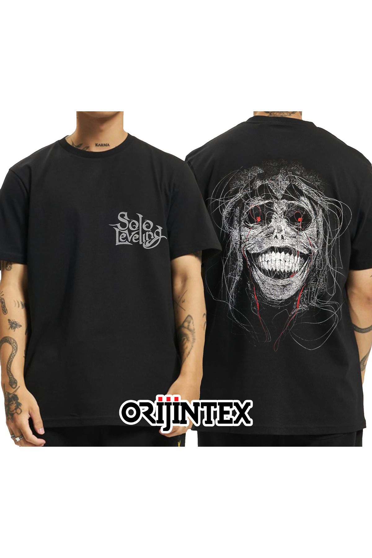 orijintex Solo Leveling Statue of God Ön Arka Baskılı Unisex Siyah Tshirt