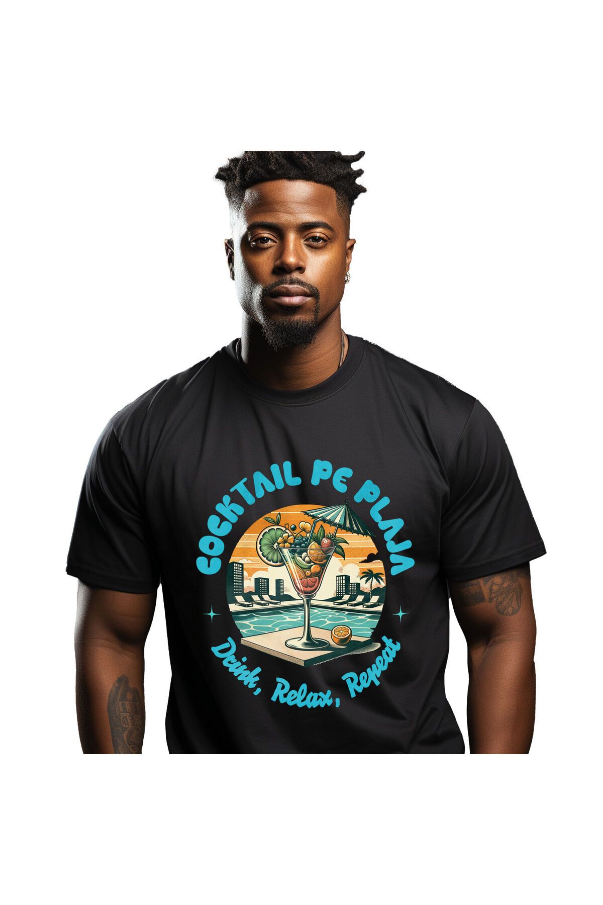 StoryGift Romania Tricou Barbati Cu Pahar De Cocktail Elegant Cu Fructe Si Umbrela La Piscina Apus,black_l Masculin - M