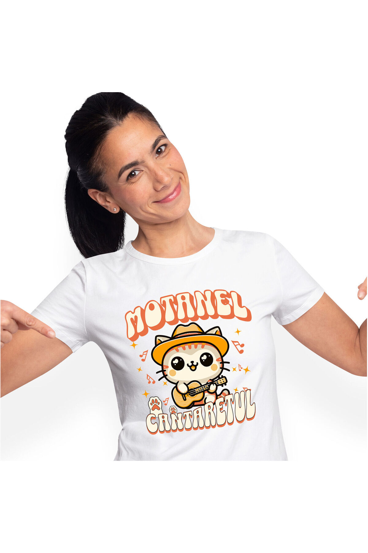 StoryGift Romania Tricou Femei Cu Motan Cu Palarie Mexicana Si Chitara Animal Blanos, Iubitorii De,white_l Femeie - L