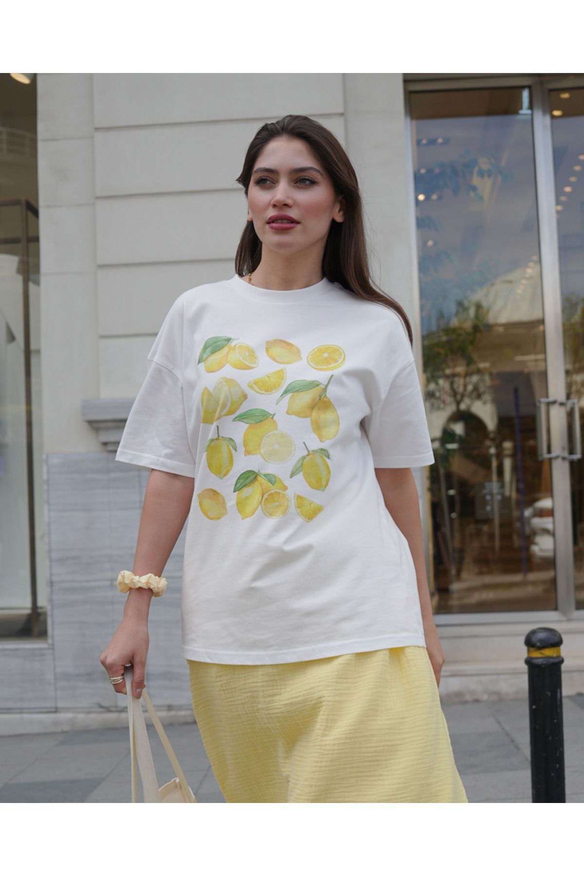 Molly Nelly Kadın Limon Baskılı Oversize Beyaz Penye Pamuk Kısa Kol T-shirt