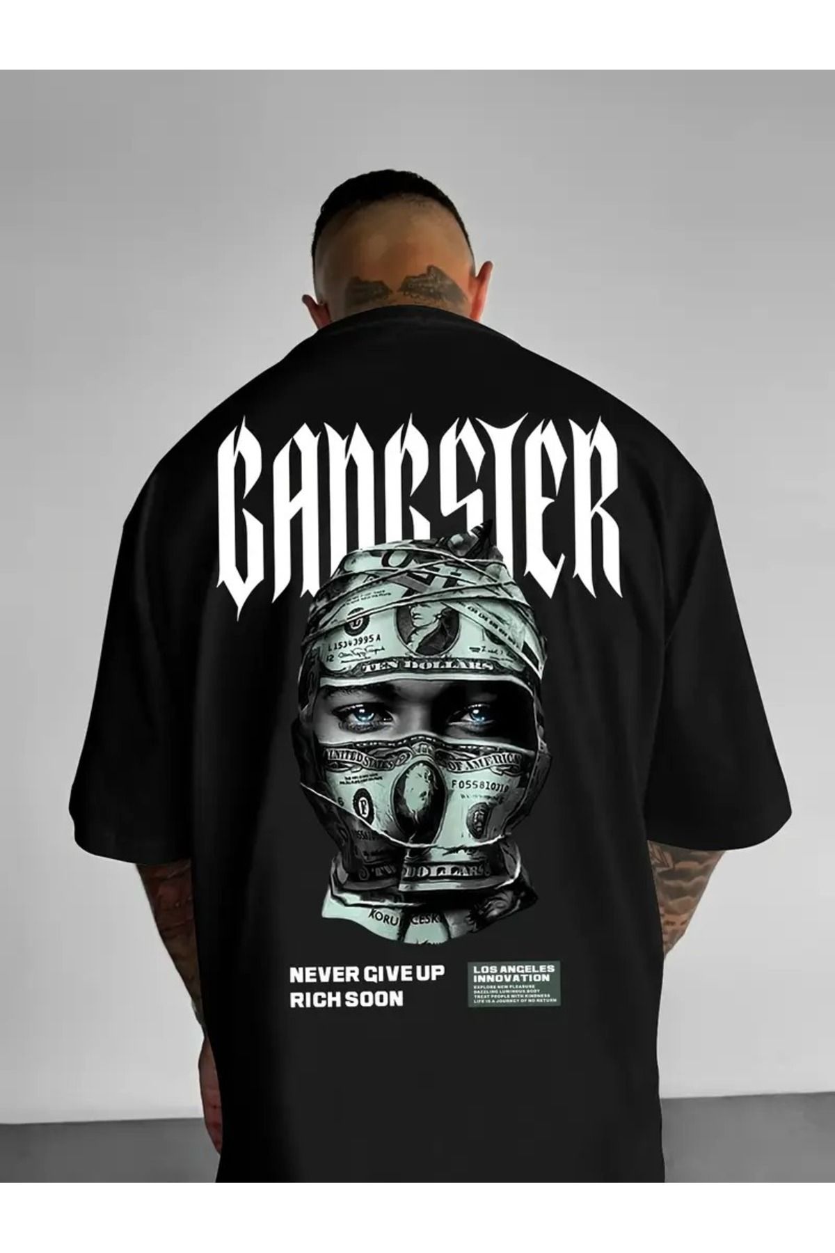 LAND MODA Erkekler için Sokak Giyimi Grafikli Tişört - Cesur "Gangster" ve "Asla Pes Etme" Baskıları